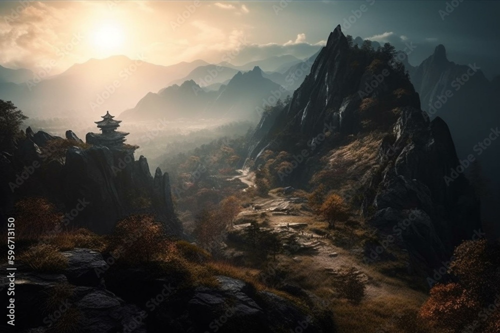 Anime-style mountain landscape. Generative AI