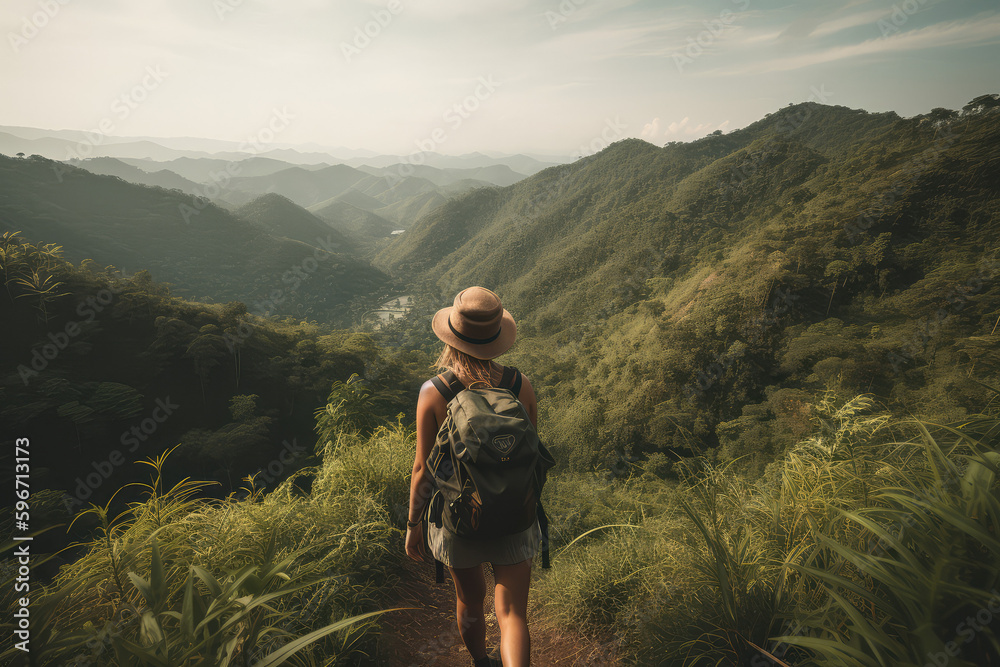 woman with backpack hiking through the mountains - made with generative ai