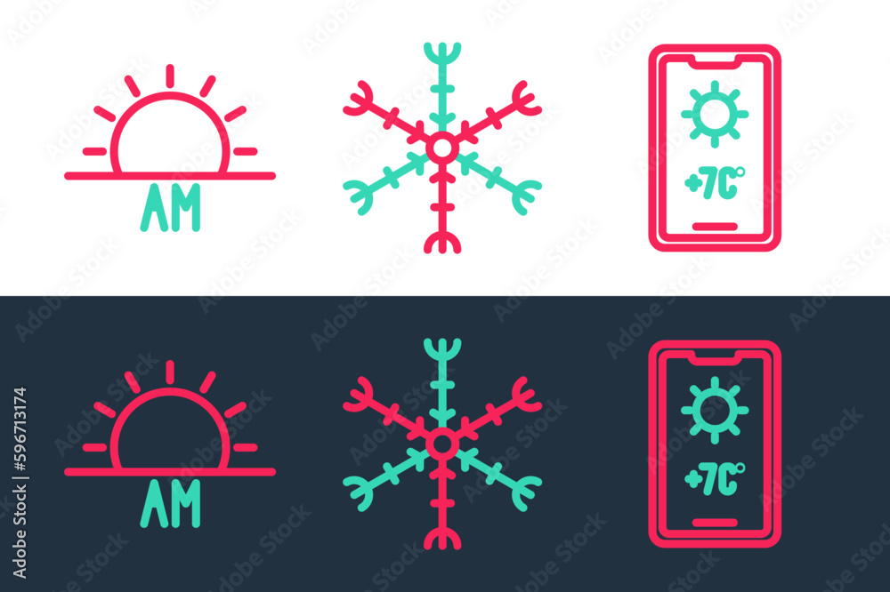 Set line Weather forecast, Sunrise and Snowflake icon. Vector