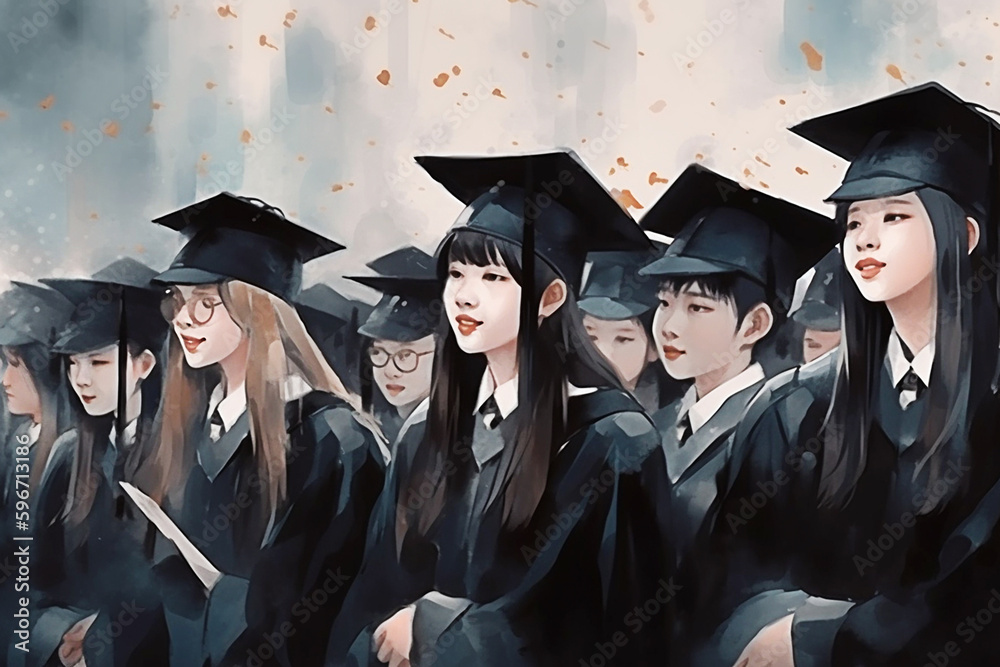 Obraz premium Watercolor illustration of a group of students in graduation gowns. Generative AI