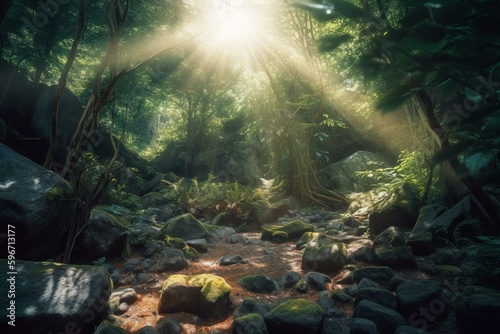 Anime-style forest scene with bright lighting during the day. Generative AI