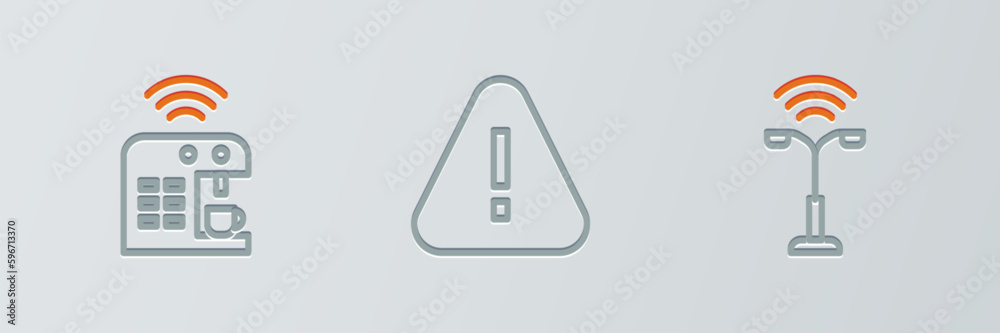 Set line Smart street light, coffee machine and Exclamation mark triangle icon. Vector Set line Smart street light, coffee machine and Exclamation mark triangle icon. Vector