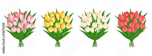 Fototapeta Naklejka Na Ścianę i Meble -  Spring bouquets set with tulips. Floral plants with bright flowers. Botanical vector illustration on isolated background for women's day, mother's day, easter and other holidays.
