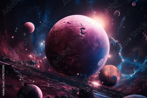 Pink Planets in space. Spiral galaxy in deep space. Solar system exploration. Generated Ai