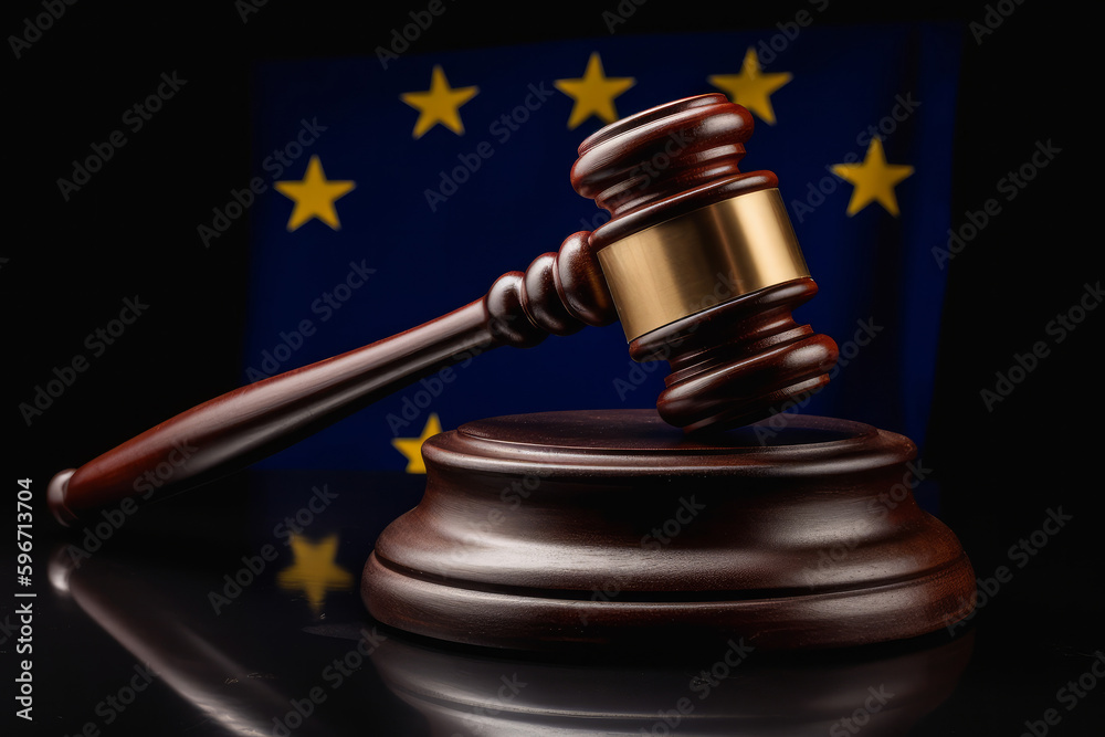 A judges gavel hammer with a European Union flag. Europe law and order. Generative ai