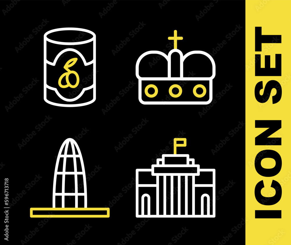 Set line Crown of spain, Prado museum, Agbar tower and Olives can icon. Vector