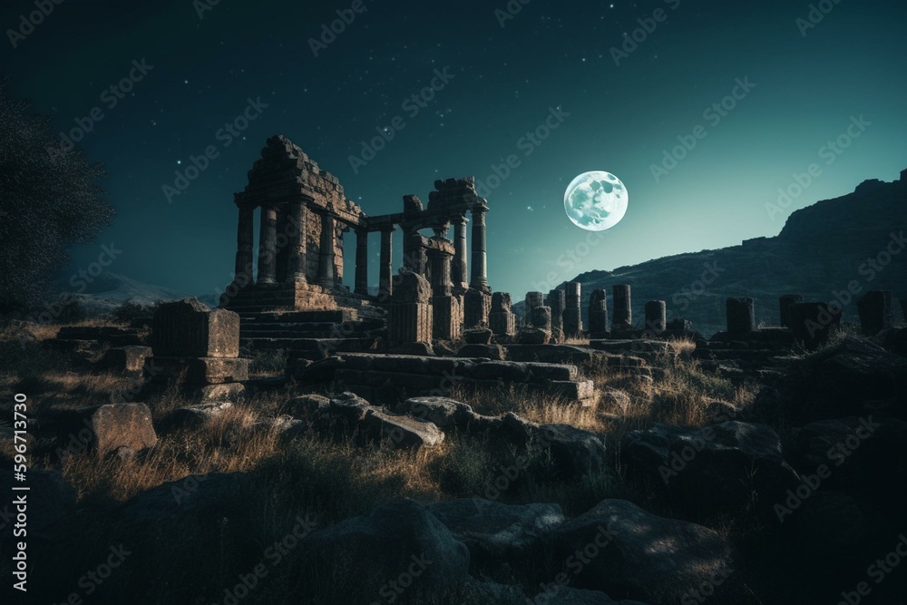 Ancient ruins in otherworldly setting on full moon night. Generative AI