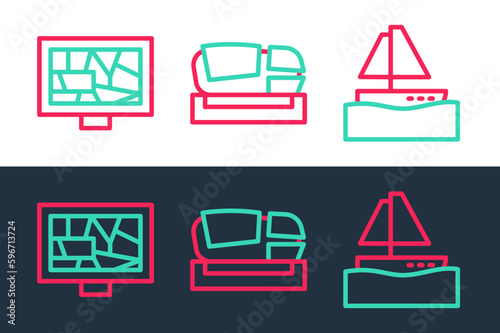 Set line Yacht sailboat, Picture art and Stadium Mestalla icon. Vector