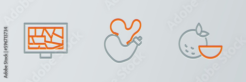 Set line Orange fruit, Picture art and Spanish wineskin icon. Vector