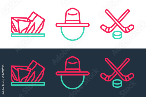 Set line Ice hockey sticks and puck, Royal Ontario museum and Canadian ranger hat icon. Vector