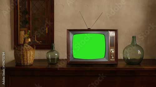 footage of Dated TV Set with Green Screen Mock Up Chroma Key Template Display, Nostalgic living room with furniture and old mirror, Chroma Key, retro style Television, vintage evening tv concept