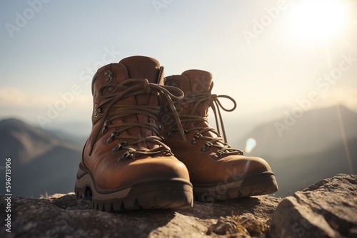 Close-up view of a hiker's shoes against the sky. from generative ai from generative ai