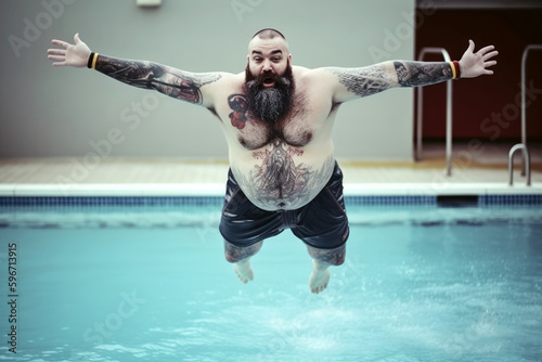 Mann mit Bart und Tattoos spring in einen Pool - Generative AI