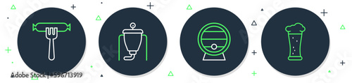 Set line Beer brewing process, Wooden barrel on rack, Sausage the fork and Glass of beer icon. Vector