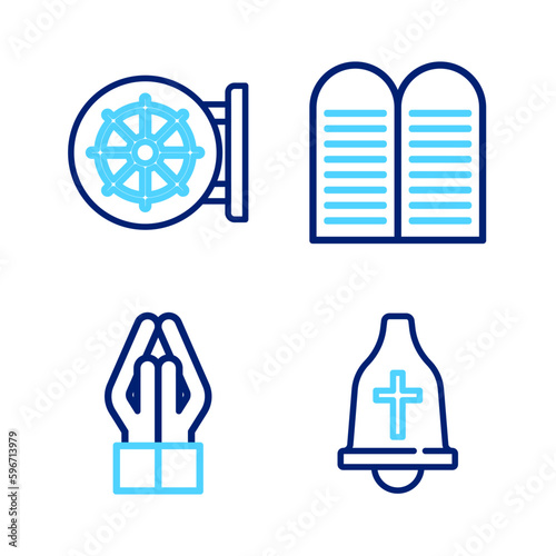 Set line Church bell, Hands in praying position, The commandments and Dharma wheel icon. Vector