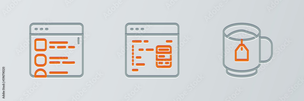 Set line Cup of tea with tea bag, Browser files and Software icon. Vector Set line Cup of tea with tea bag, Browser files and Software icon. Vector