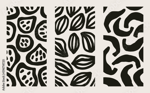 A set of patterns depicting abstract figs, lemons, bananas. Hand-drawn elements for design and decoration. Vector illustration.