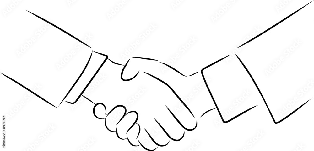 Handshake, vector. Hand drawn sketch. Handshake of two hands of men in suits. Handshake, vector. Hand drawn sketch. Handshake of two hands of men in suits.
