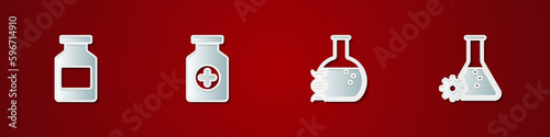 Set Medicine bottle, , DNA research, search and Bioengineering icon. Vector