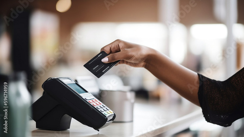 Close up of unrecognizable black woman paying via credit card mockup in supermarket, copy space. Generative ai.