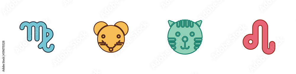 Set Virgo zodiac, Rat, Tiger and Leo icon. Vector Set Virgo zodiac, Rat, Tiger and Leo icon. Vector