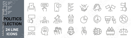 Set of 24 Politics election. Voting Related Vector Line Icons. Raising Hands, Electronic voting and more. Editable Stroke