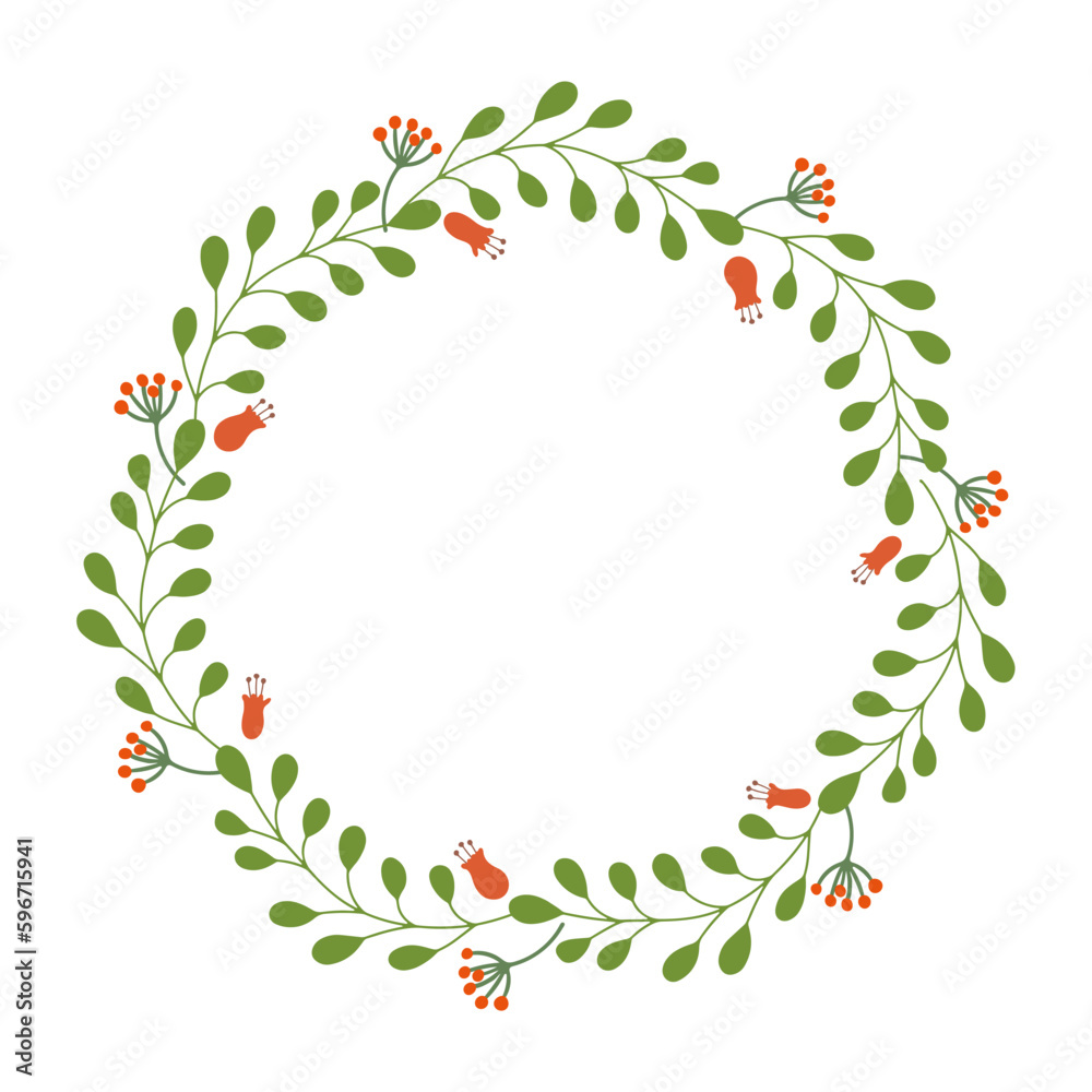 Herbal  round frame or wreath decorated with green branches and red flowers.  Summer floral design. Great for greeting card, posters, blog decorating. Hand drawn vector illustration isolated on white.