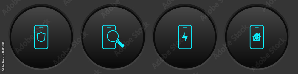 Set Mobile with shield, Phone repair service, charging battery and smart home icon. Vector Set Mobile with shield, Phone repair service, charging battery and smart home icon. Vector