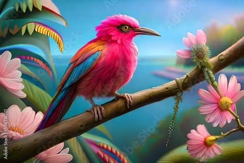 generative ai bird images, colorful, detailed blue eyes, gold beak, pink feathers on a branch with (spring flowers on background:1.0), aesthetically inspired by Evelyn De Morgan photo