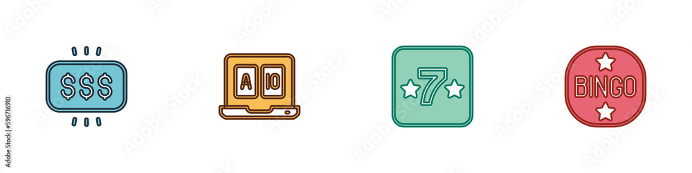 Set Money prize in casino, Online poker table game, Casino slot machine and Bingo icon. Vector Set Money prize in casino, Online poker table game, Casino slot machine and Bingo icon. Vector