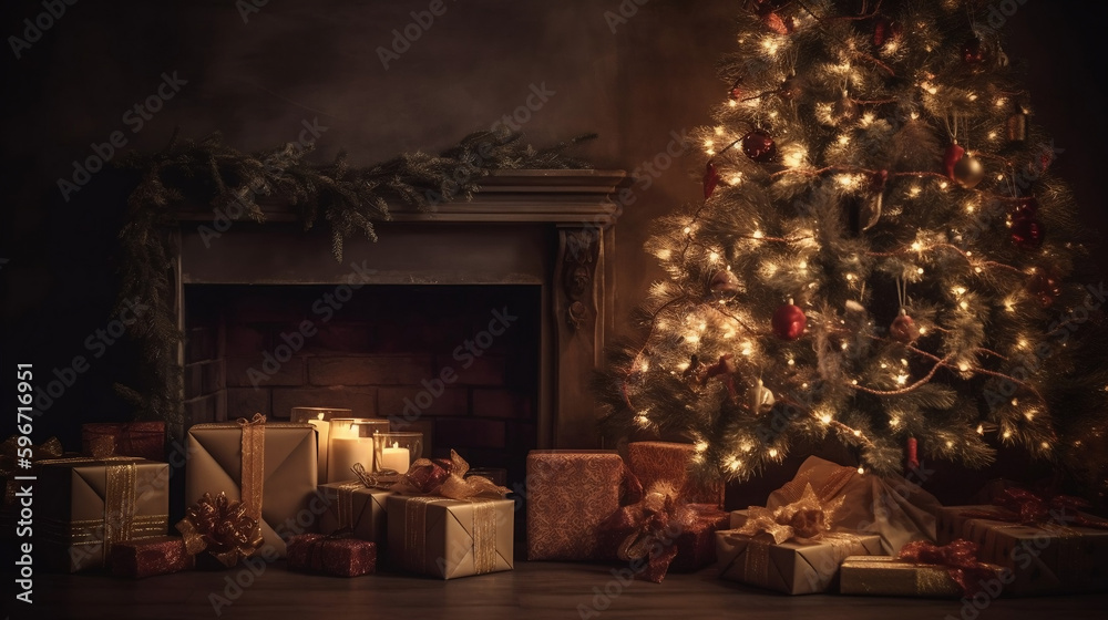 Christmas tree and holidays present on fireplace background. Generative ai.