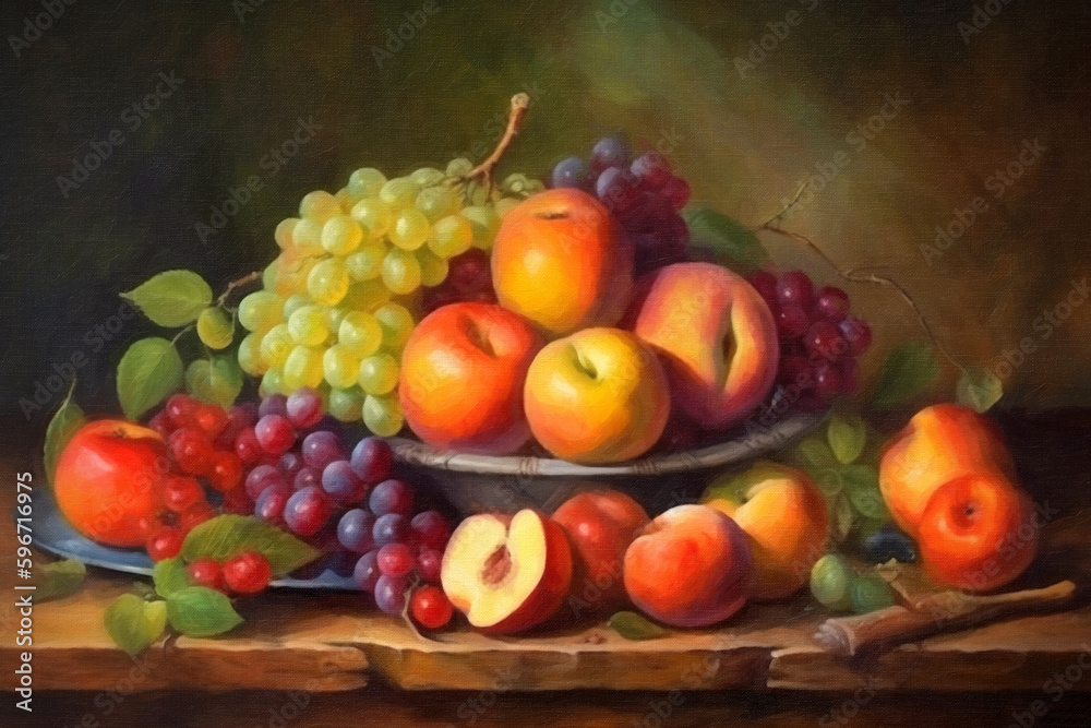 Fruit still life with apples and grapes, digital oil painting. Beautiful artistic image for poster, wallpaper, art print. Generative AI. Fruit still life with apples and grapes, digital oil painting. Beautiful artistic image for poster, wallpaper, art print. Generative AI.