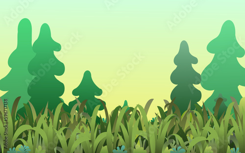 Grass growing. Thickets of plants on lawn. Clear bright sky. Wildlife landscape. Summer pasture. Cartoon fun style. Flat design. Vector