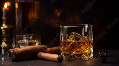 Christmas party with a glass of excellent whiskey and a Cuban cigar. Generative ai.