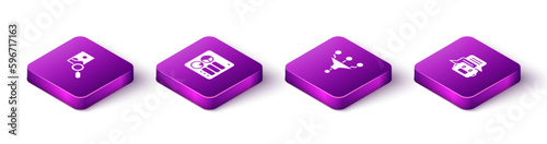 Set Isometric Photo retouching, Computer api interface, Funnel or filter and Chat bot icon. Vector