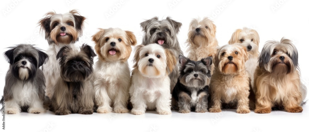 A group dogs in front of a white background. Generative AI