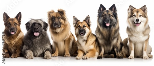 A group dogs in front of a white background. Generative AI