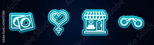 Set line Condoms in package, Female gender and heart, Sex shop building and Handcuffs. Glowing neon icon. Vector