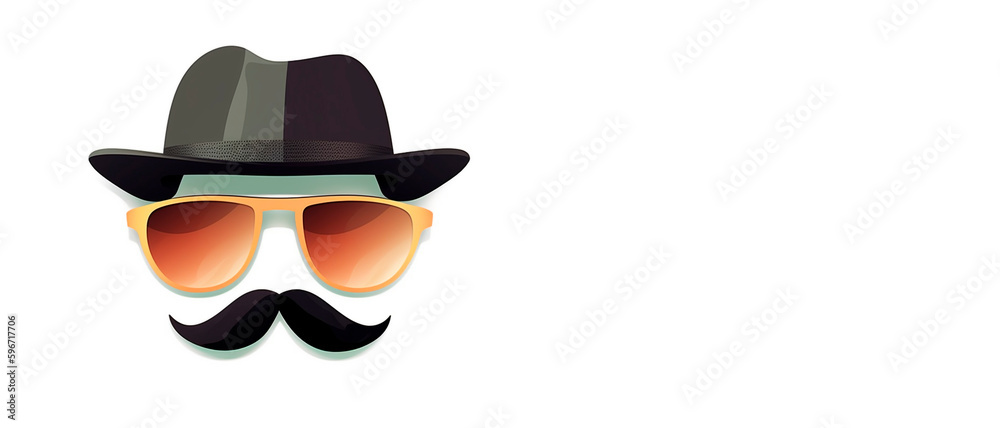 Retro hipster, hat, mustache and sunglasses on white background with copy space for text. generative ai. Retro hipster, hat, mustache and sunglasses on white background with copy space for text. generative ai.