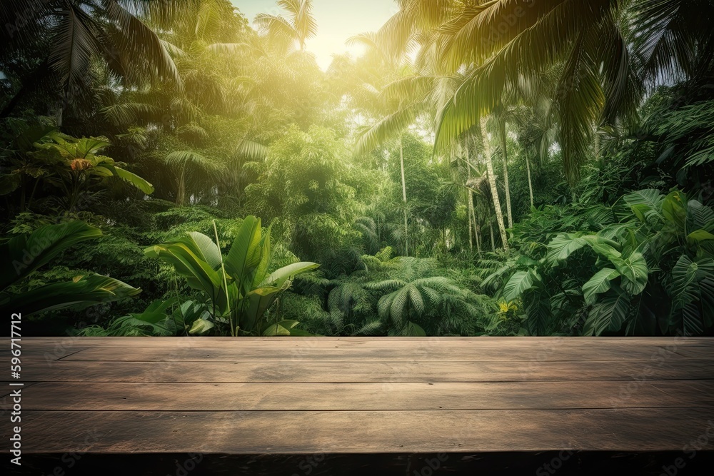 An Empty Table in a Tropical Jungle Forest: Countertop Overlooking Nature's Treasures. Generative AI