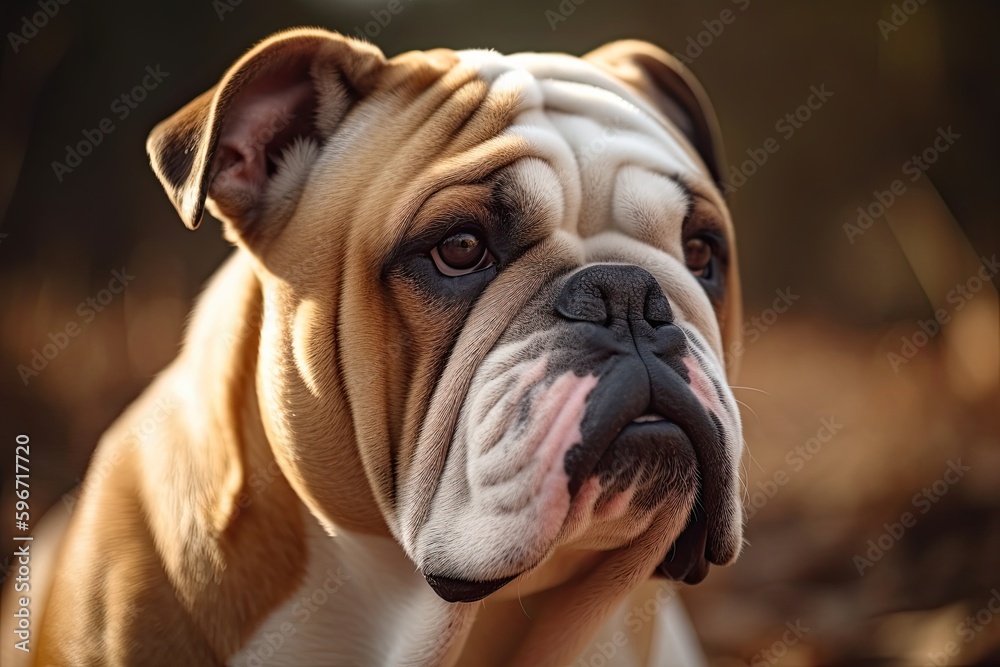 Confident and Adorable English Bulldog, Ready for Adventure and Security: A Big, Brown, Carnivore Face in the Background. Generative AI