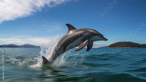 Adventurous Dolphin Leaps Out of the Blue Ocean: Swimming, Jumping and Playing in the Sea: Generative AI © AIGen