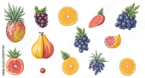 The painting depicts a vibrant arrangement of fruits  painted in watercolor. Generative AI . AI.