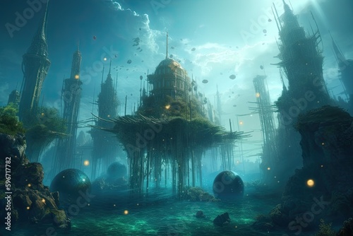 Exploring the Legend of Atlantis: A Serene Three-Dimensional Fantasy Underwater City in the Global Universe: Generative AI