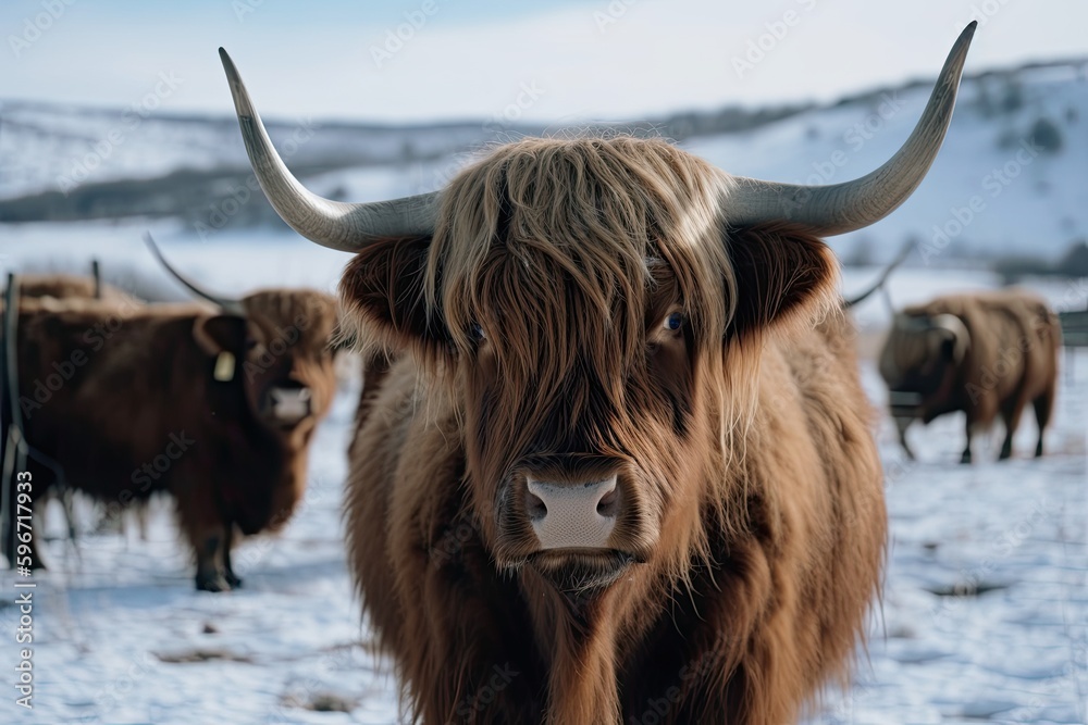 Majestic Highland Bull Roaming Snowy Field on Farm: Nature's Splendor: Generative AI