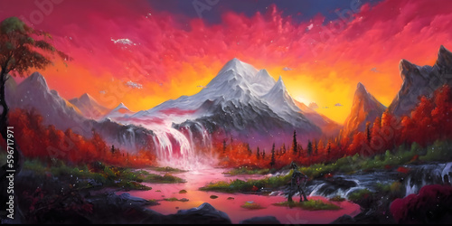 sunrise in the mountains, dark sunset over landscape oil painting with giant snow covered mountain in the background and lush forest with waterfalls in the foreground, Generative AI