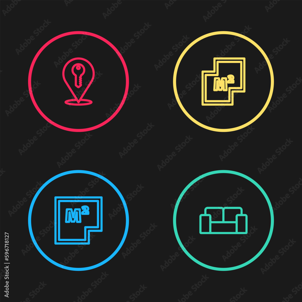 Set line House plan, Sofa, and Location key icon. Vector Set line House plan, Sofa, and Location key icon. Vector