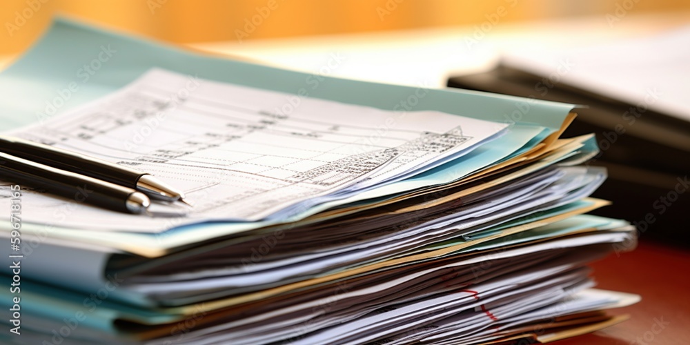 A stack of insurance claim forms, displayed against an organized, paperwork-focused background, concept of Documentation Workflow, created with Generative AI technology A stack of insurance claim forms, displayed against an organized, paperwork-focused background, concept of Documentation Workflow, created with Generative AI technology