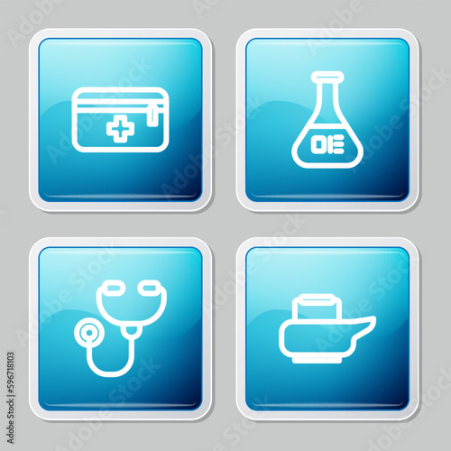 Set line First aid kit  Test tube and flask  Stethoscope and Bedpan icon. Vector