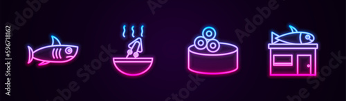 Set line Shark, Soup with octopus, Tin can caviar and Seafood store. Glowing neon icon. Vector